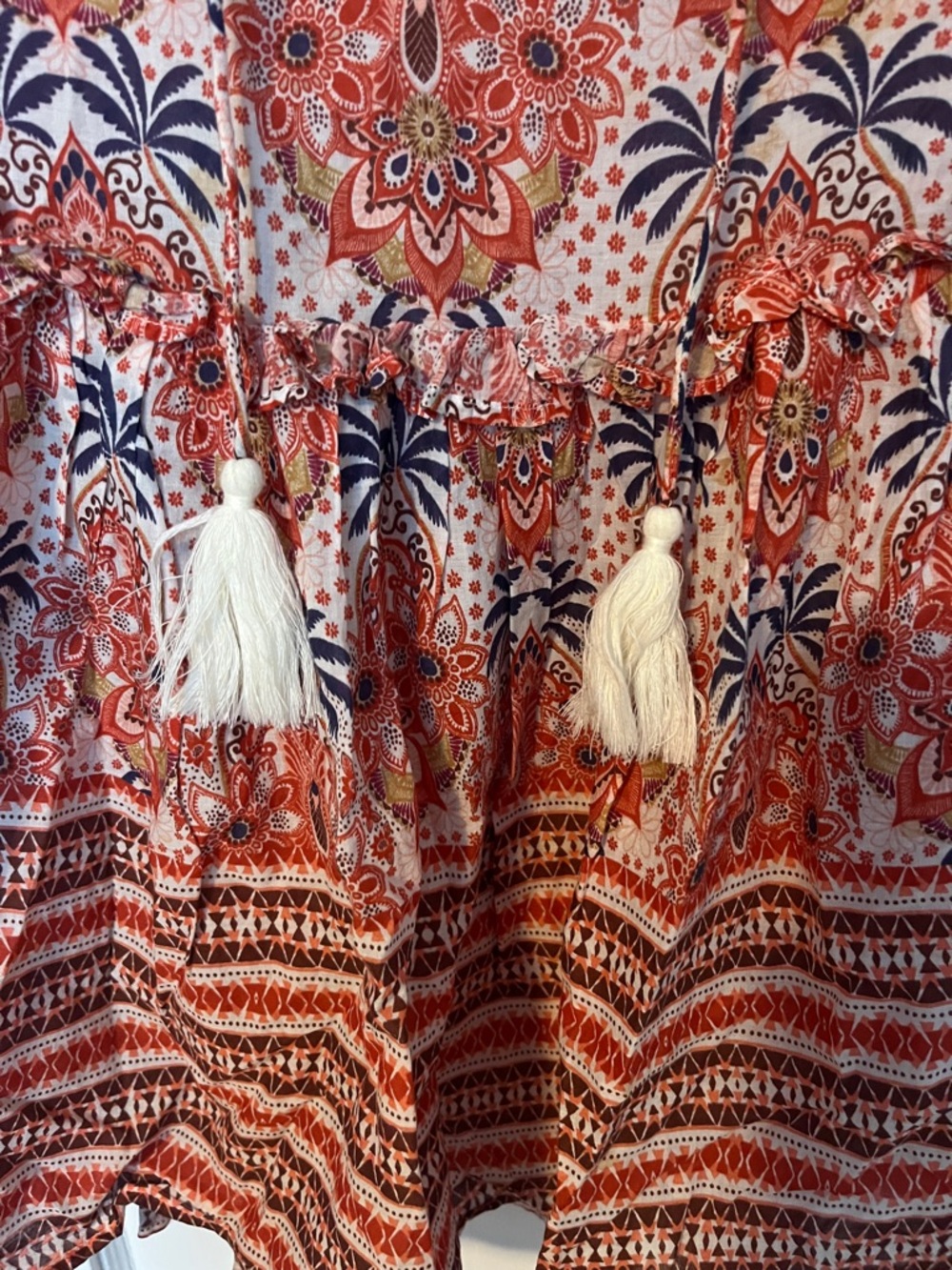 Cara Cara floral paisley tasseled boho cotton 3/4 sleeve mini dress sz S - Picture 4 of 6